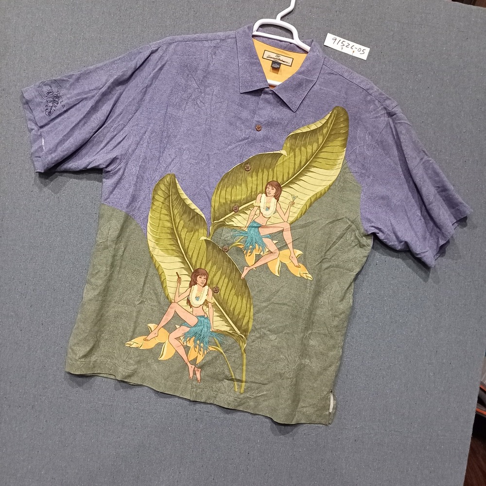 Tommy Bahama Mens XL Silk Hula Girl Tropical Leaf Camp Shirt Purple Green